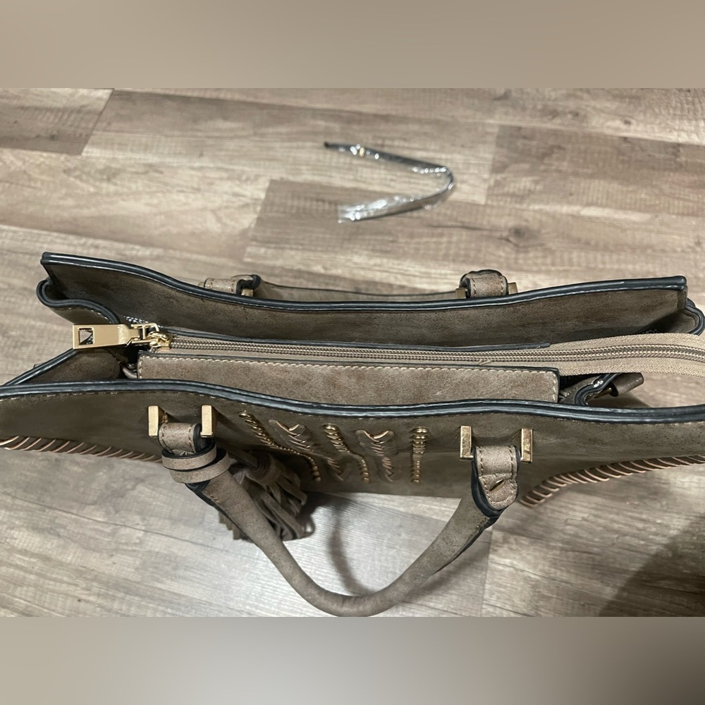 Westerncore nude tan satchel bag embellished fringe cowboy faux leather large - Picture 7 of 11